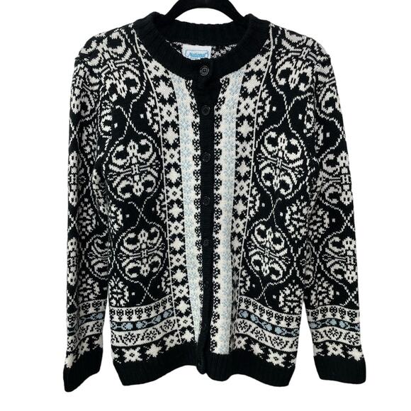 Vintage National Fair Isle Sweater Button Front Cardigan Black White Womens Sz S - Picture 1 of 9
